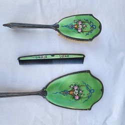 Sterling Silver Hand-Painted Enamel Guilloche Dresser/Vanity Set by Saart Bros.


