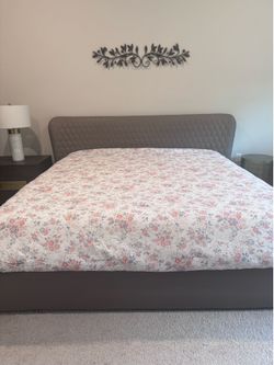 King Faux Leather Bed Grey Color with Mattress – Good Condition