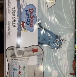 1 Fish 2 Fish 4pc Crib Bet Set, Quilt, Crib Skirt, Fitted Sheet & Blanket New!