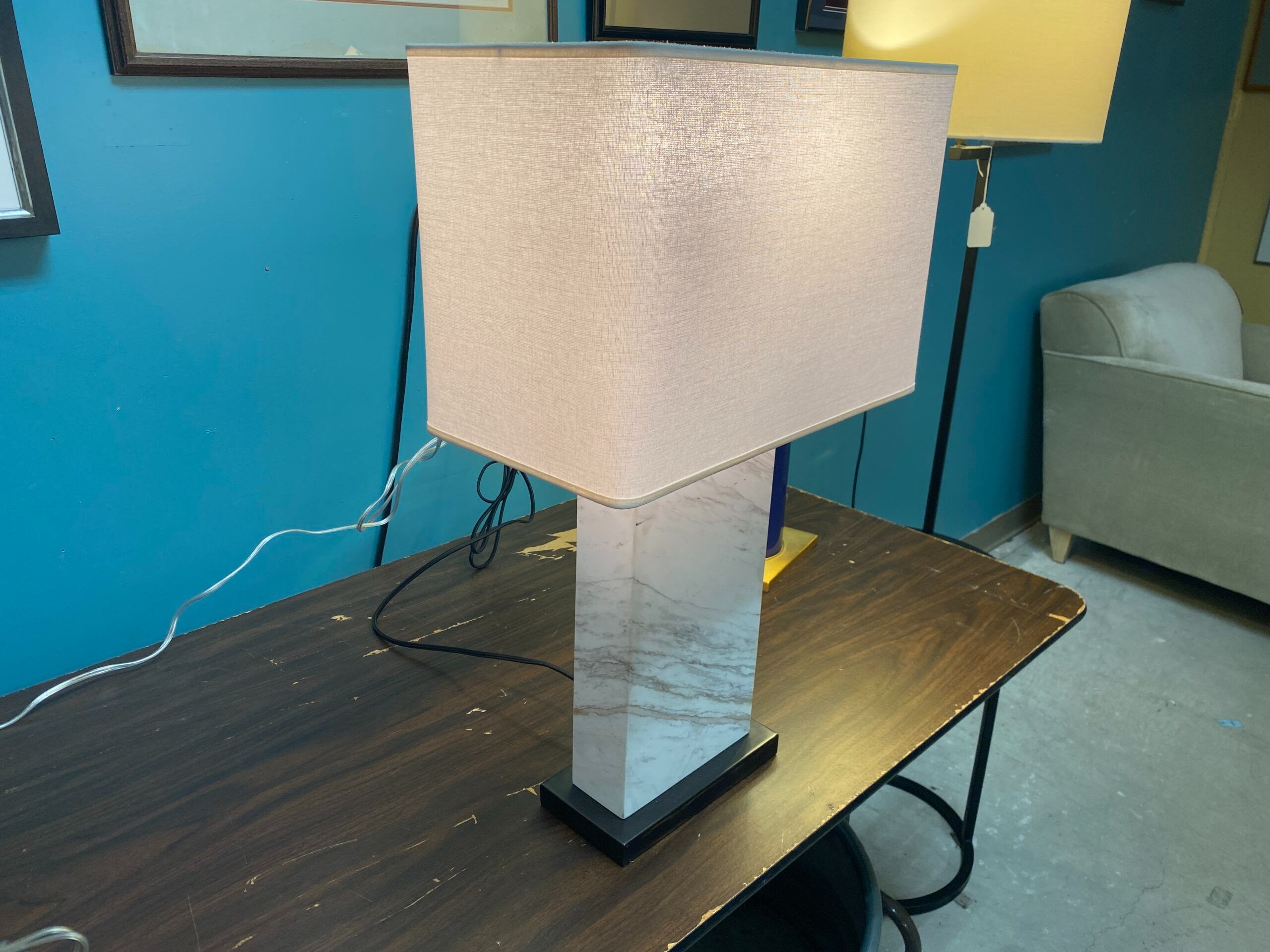 RESTORATION HARDWARE Rectangular Column Marble Table Lamp in Bronze