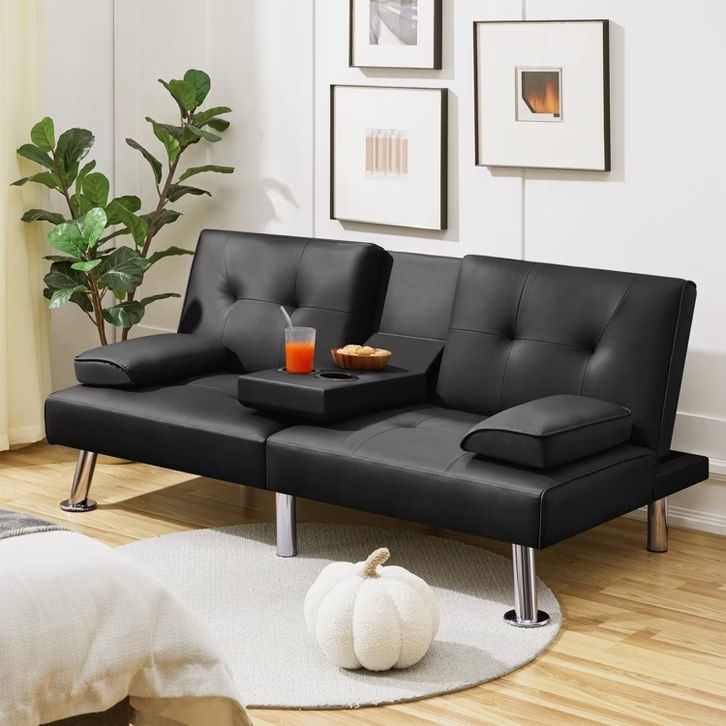 Modern Faux Leather Convertible Futon Sofa Bed with Cup Holders, Black