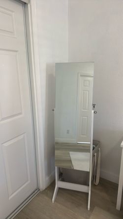 Title: White Full-Length Mirror Jewelry Armoire