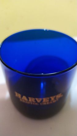 Four (4) Libbey Harveys Bristol Cream Cobalt Blue Rocks Glasses Gold Print