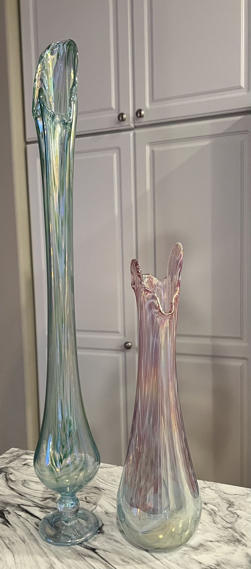 Hand Blown Glass tall Fluted Vases. Ornamental Blown Glass.