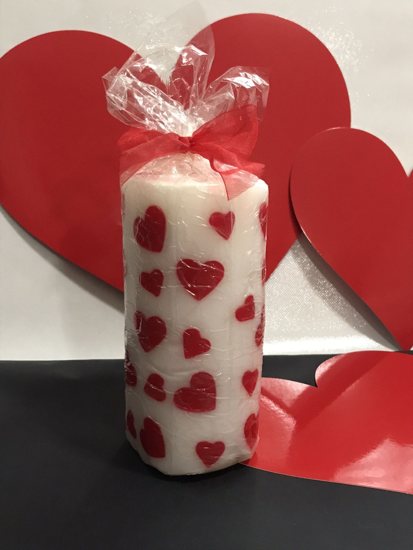 White Pillar Candle W/Red Hearts