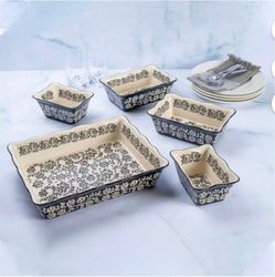New Baum Floral Vines 5-Piece Ceramic Bakeware Set with Rectangular and Square Dishes (Reseda CA)