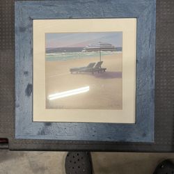 Set of 3  Lin Seslar beach prints  12 x 12 professionally framed & numbered excellent condition  a day at the beach, beach, umbrella, and receding su