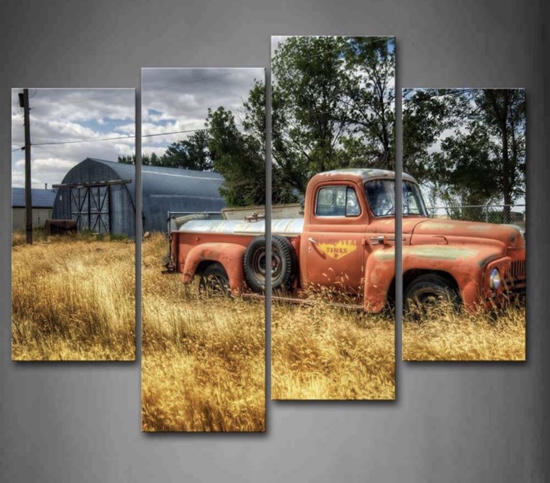 Canvas Wall Art Red Truck Retro 4 Panel Living Room Home Office Decoration