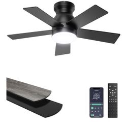 Ceiling Fans with Lights, 32 Inch Low Profile Ceiling Fan with Light and Remote/APP Control, Flush Mount, Dimmable, Qiuet DC Motor, Black Small Indoor