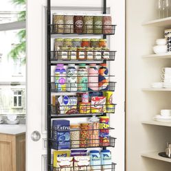 Over The Door Pantry Organizer, Pantry Hanging Storage and Organization, 6 Adjustable Baskets Heavy-Duty Metal Wall Mount
