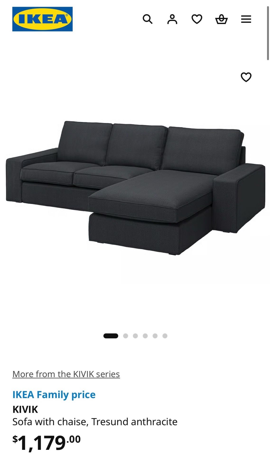 IKEA Kivik Sofa with Chaise in Tresund Anthracite