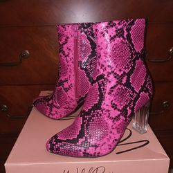 Fuchsia And Black Faux Snake Ankle Boots with Clear Heel