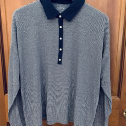 Women’s Sz XL J.Crew Relaxed Long-Sleeve Stretch Linen-Blend Polo Shirt in Stripe. 