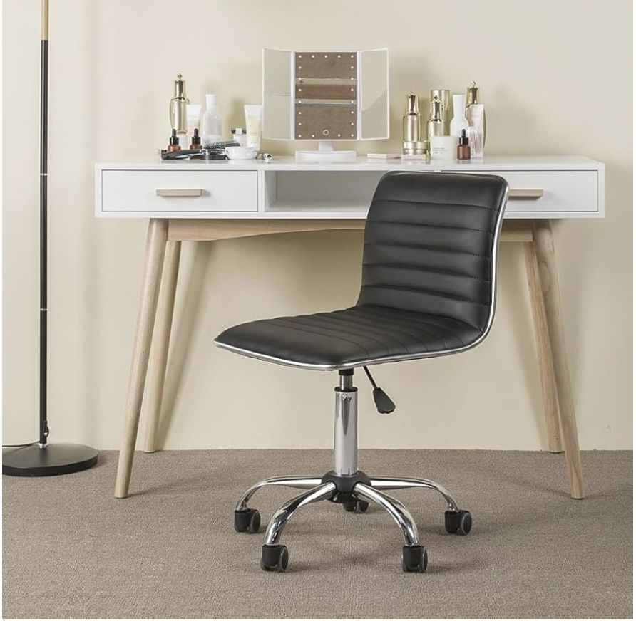 Adjustable Task Chair PU Leather Low Back Ribbed Armless Swivel Black Desk Chair Office Chair Wheels