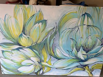 Large Modern Floral Painting, Blue & Yellow Flowers, Unframed Wall Art