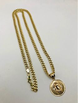 14k SET HOLLOW CUBAN CHAIN & VIRGIN MARY PENDANT
