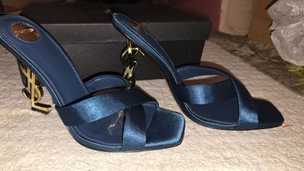 NWT Teal Satin YSL Logo Mule Heels Sz 37.5