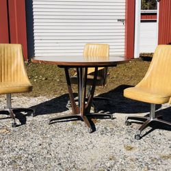 Chromcraft Mid Century Modern Dining Table & Swivel Chairs (With Drop Leaf) Yellow & Dark Wood
