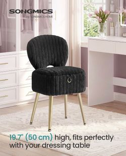 Vanity Chair, Makeup Stool with Folding Backrest Plush Padded Dressing Table Stool, 17.1 x 13 x 32.1 inch, for Bedroom, Dressing Room, Black, GLAMOR C
