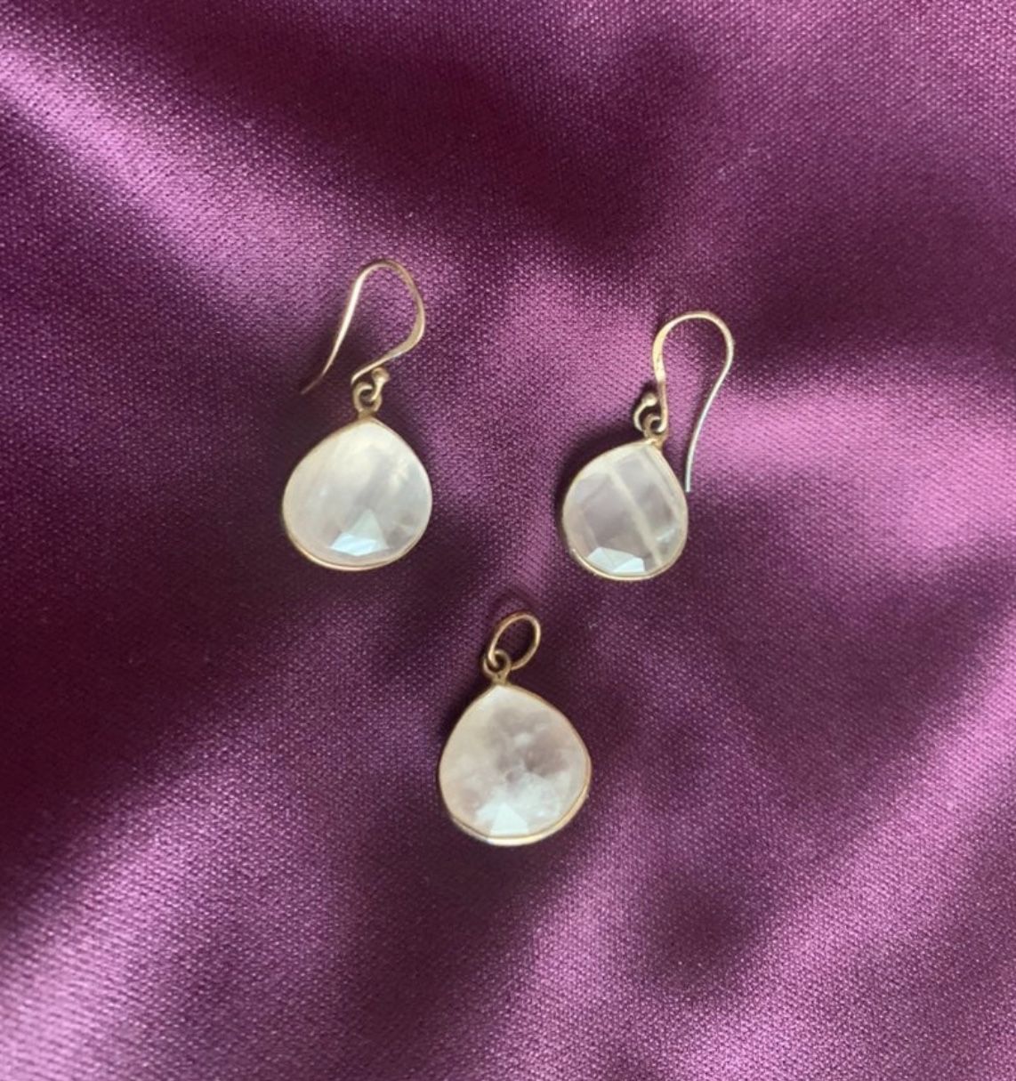 Delicate gold tone, light pink, faceted PENDANT and EARRINGS set. Worn twice.