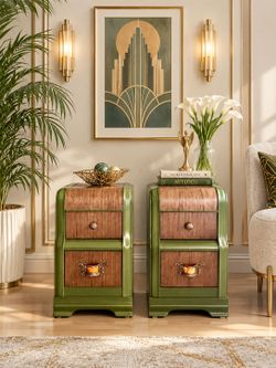 Spanish olive green 1930's Art deco waterfall nightstands with walnut and gold accents.