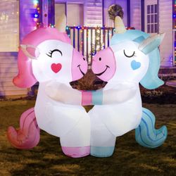6.2FT Width Halloween Inflatable Outdoor Cute Blue & Pink Unicorns, Blow Up Yard Christmas Decoration with Built-in LED Lights for Holiday/Xmas/Party/