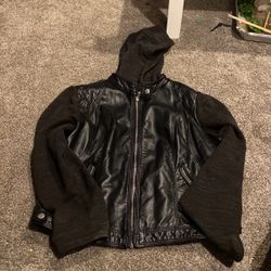 Imitation Leather Jacket With Cloth Sleeves 