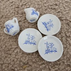 Vintage Children's Porcelain Tea Set Pieces JAPAN Oriental Scene Blue Bird