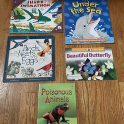 5 Kids Books Set:  Sea Animals , Birds, Butterflies, Poisonous Animals , and Shark Mathematics