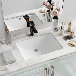 New Undermount Bathroom Sink Rectangle, Hugsleek Interior Bowl Size 18 x 13 inch White Porcelain Ceramic Vessel Sink Under Counter Exterior Size 20x15