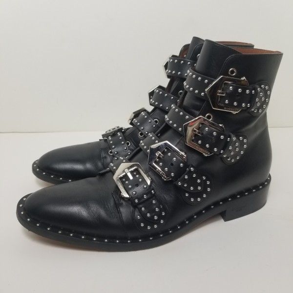 GIVENCHY Black Studded Leather Buckle Boots 