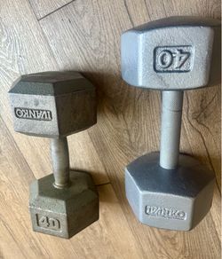 VINTAGE IVANKO Set of Cast Iron Hex Dumbbells of 40 pounds each.  Total: 80lbs
