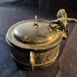 Meriden Co. Pewter Metal Jewelry Box w Intricate Floral Design, Striking Bird Figure.