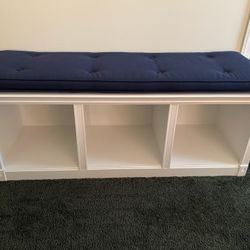 Painted White Wood Bench w/Upholstered Cushion in Great Condition 18 x 49.5 x 18h (21 high with cushion) 3 cubbies Smoke free household