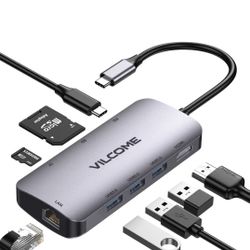 USB C Hub Multiport Adapter, Vilcome 8 in 1 USB C Hub with Gigabit Ethernet, 4K HDMI, 100W PD Charging, USB 3.0 5Gbps Data Ports, SD/TF Card Reader, f