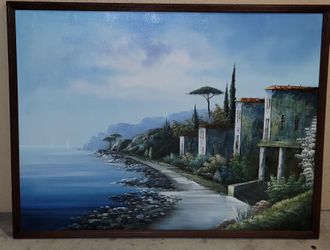 VINTAGE OIL ON CANVAS PAINTING SEASCAPE SIGNED BY MIKE 39X50" FRAMED