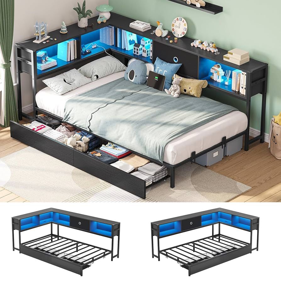 Twin Corner Bed Frame with Storage Bookcase, Twin Day Bed with Storage Drawers, Metal Platform Bed with Charging Station and LED Lights, Convertible C