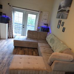 COSTCO Beige Chenille Sectional Couch And Ottoman 