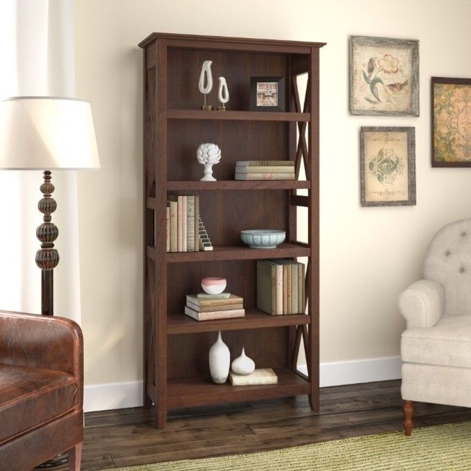 5 Shelf Bookcase with X Patterned Sides for Living Room