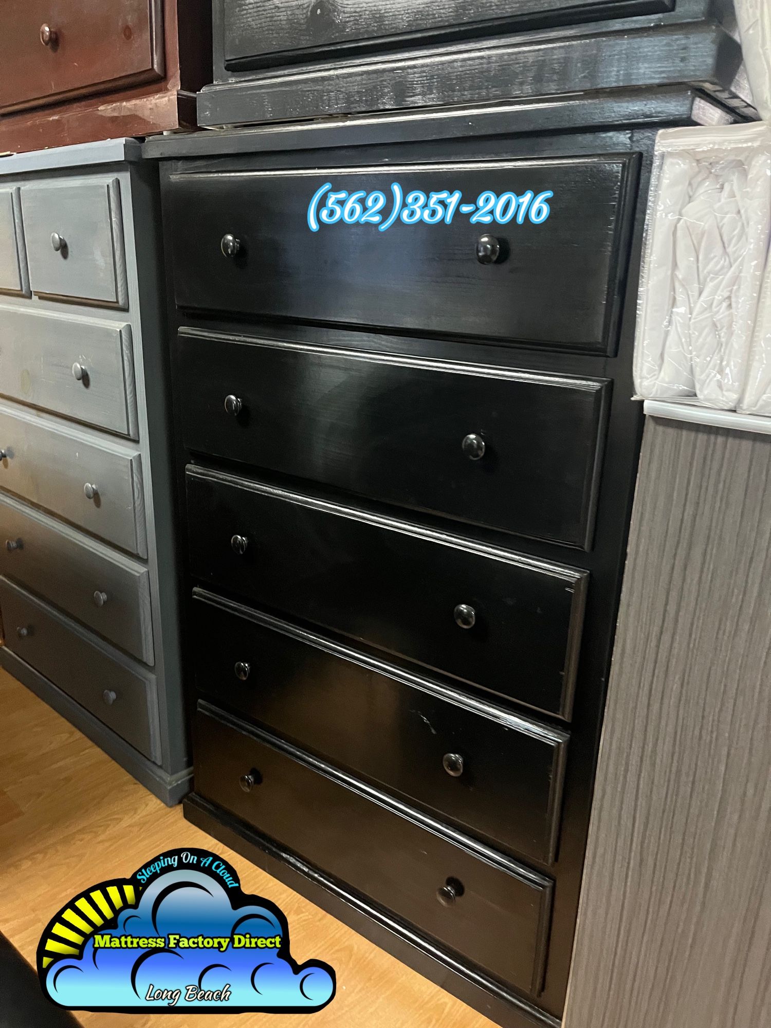 New Glossy Black Double Knob Jumbo Five Drawer Dresser 