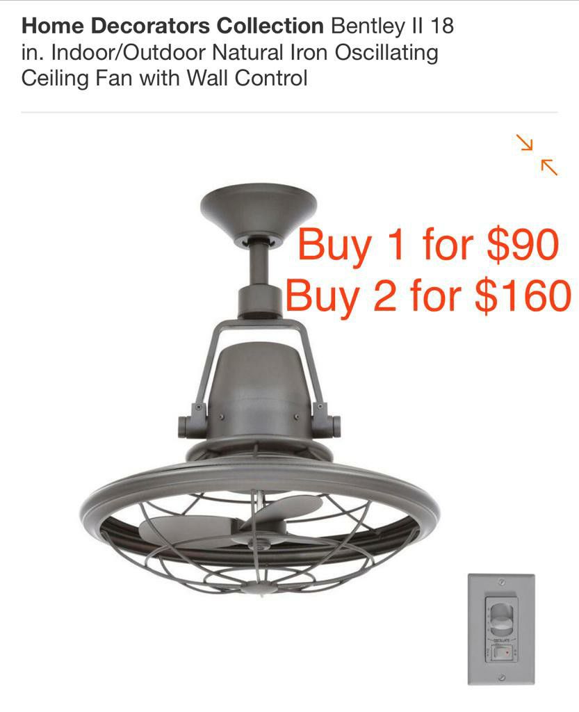 Bentley II 18" Indoor Outdoor Oscillating Ceiling fan with wall control Buy 2 for $160