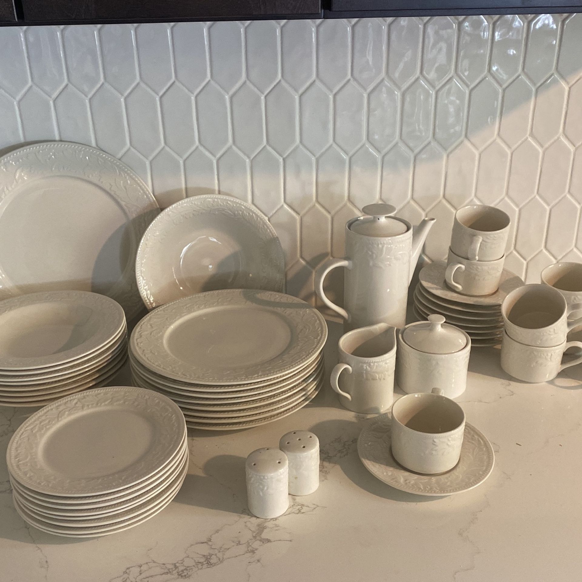 White Dishes With Serving Pieces For Eight