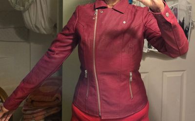 Red Faux Leather Moto Jacket with Silver Zippers