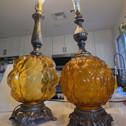 2 Vintage Glass Amber/Yellow Lamps 