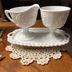 Indiana Glass White Milk Glass Pedestal Creamer & Sugar Bowl W/Tray
