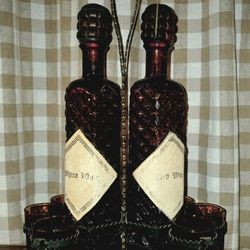 Mid Century Spanish Gothic Brutalist Glass Wrought Iron Wine Bottles Glasses Set