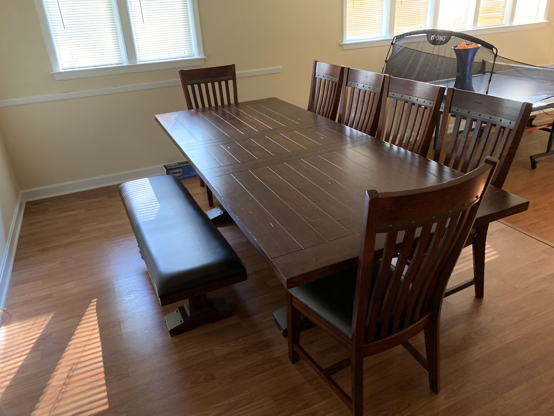Hayden Rectangular Trestle Table Dining Room Set Model # HY-TA-42100-RSE-R-SET. Includes 6 Slat Back Chairs and Matching Bench