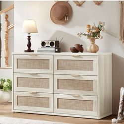 48 Inch Grey White Dresser 6 Drawer Rattan Style
