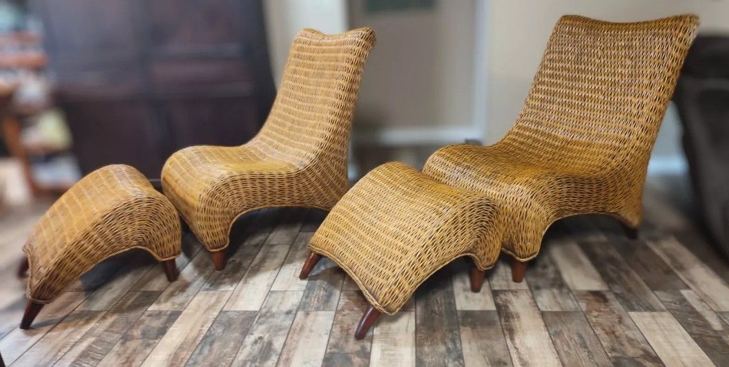 Vintage Wicker/Rattan Oversized Curved Chairs With Ottomans