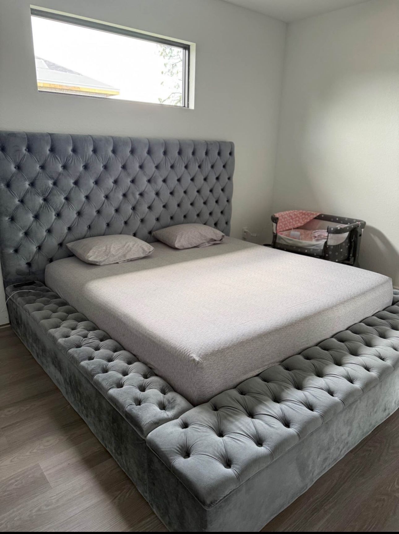 Brand New Grey Velvet Bed Frame In Box- Free Mattress And Box Spring- Shop Now Pay Later.
